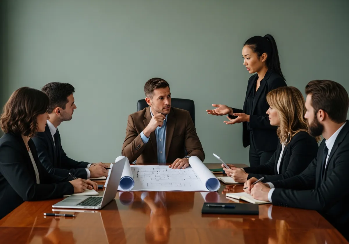 Equipe de análise reunida discutindo projeto estratégico